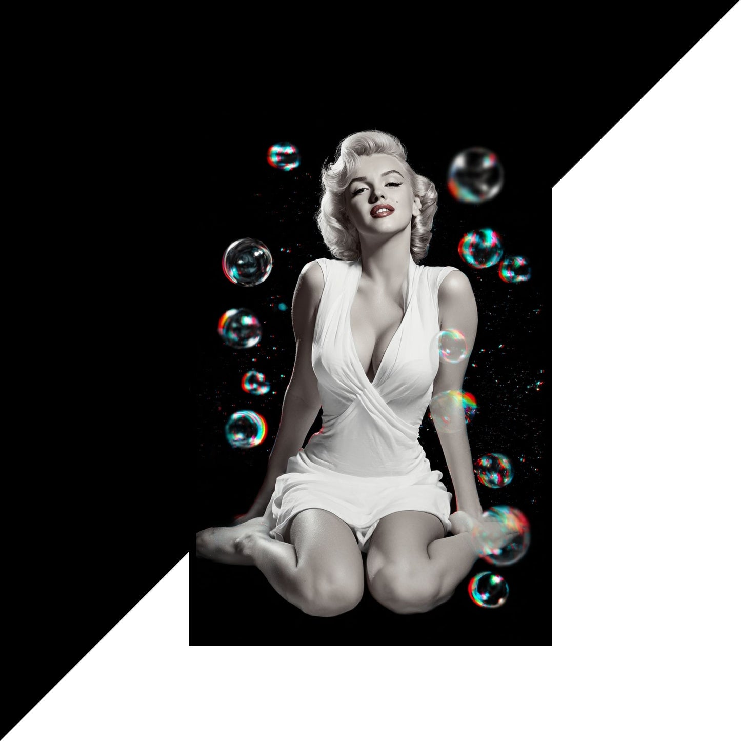 Black and white image of a woman in a white dress with colorful bubbles around her.