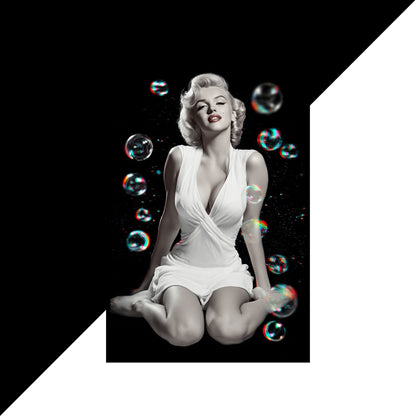Black and white image of a woman in a white dress with colorful bubbles around her.