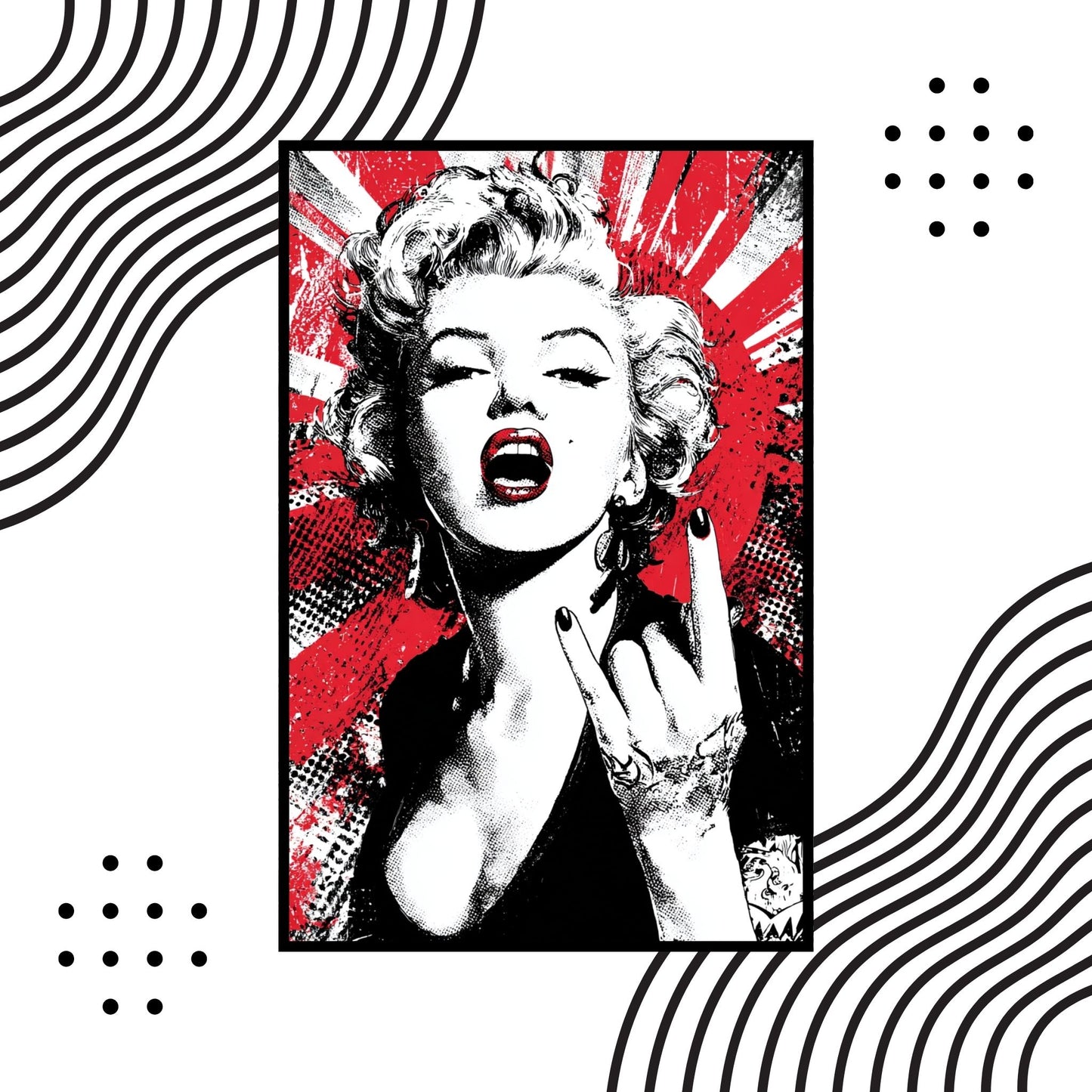 Stylized portrait of Marilyn Monroe with abstract red and black design on a white background