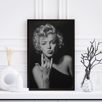 Framed black and white portrait of a famous actress on a white shelf with decorative items.