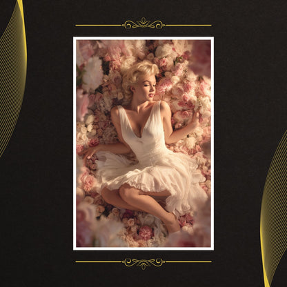 Marilyn Monroe in a white dress lying among flowers on a dark background