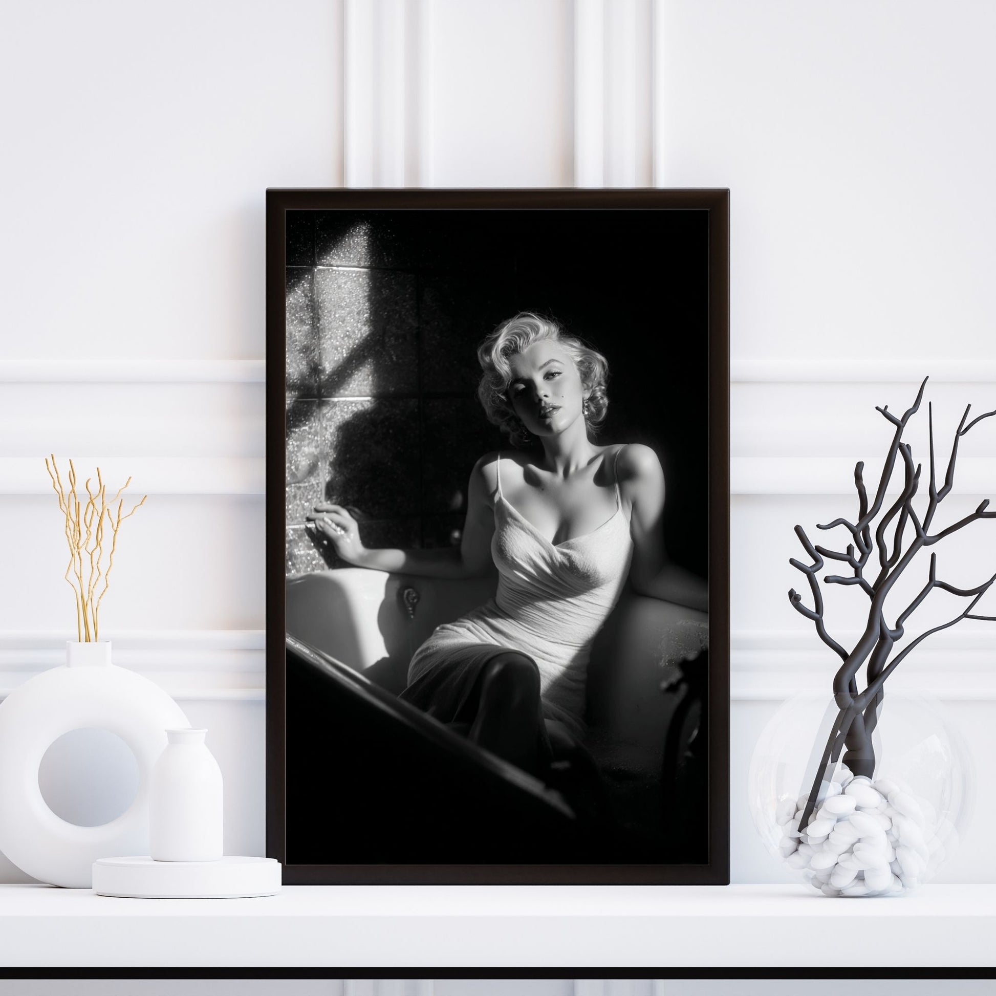 Marilyn Monroe black and white wall art in vintage bath scene