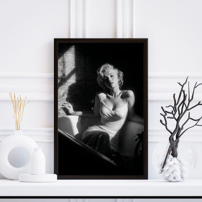 Marilyn Monroe black and white wall art in vintage bath scene