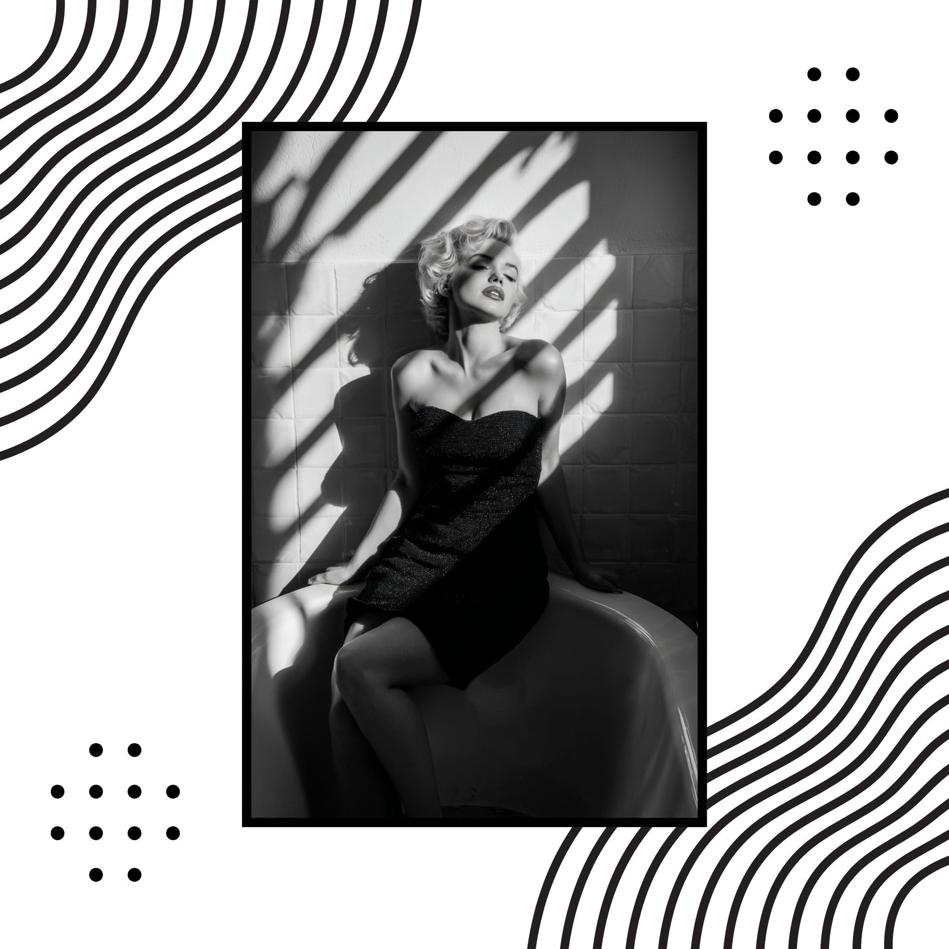 Black and white portrait of Marilyn Monroe in a dress with geometric patterns on a white background