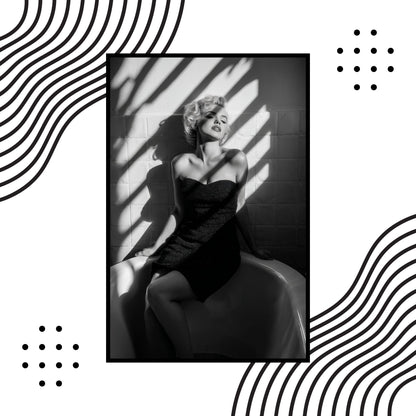 Black and white portrait of Marilyn Monroe in a dress with geometric patterns on a white background