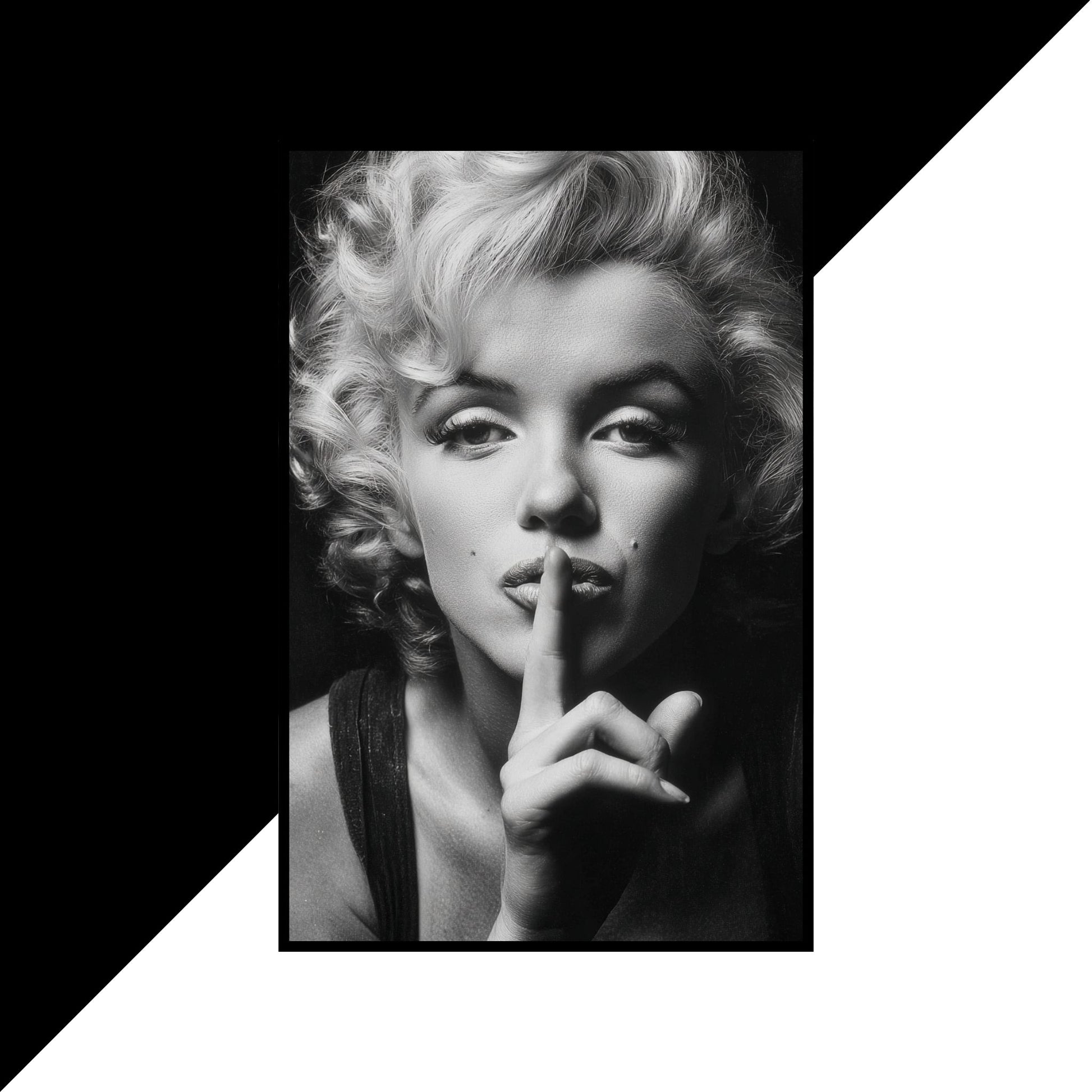 Black and white portrait of a famous actress with a 'shh' gesture.