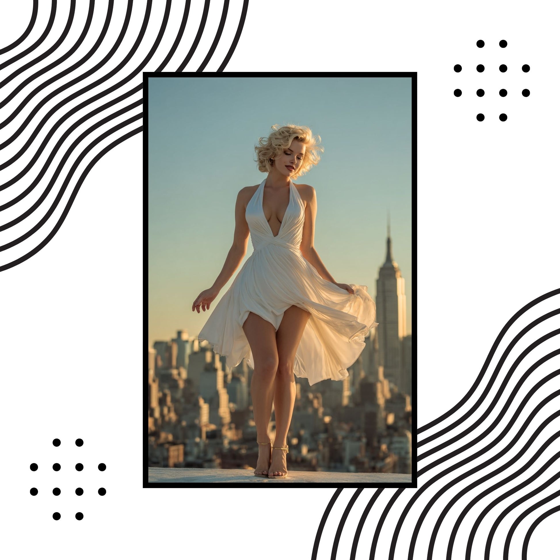 Marilyn Monroe in a white dress standing against a city skyline with decorative black and white patterns.