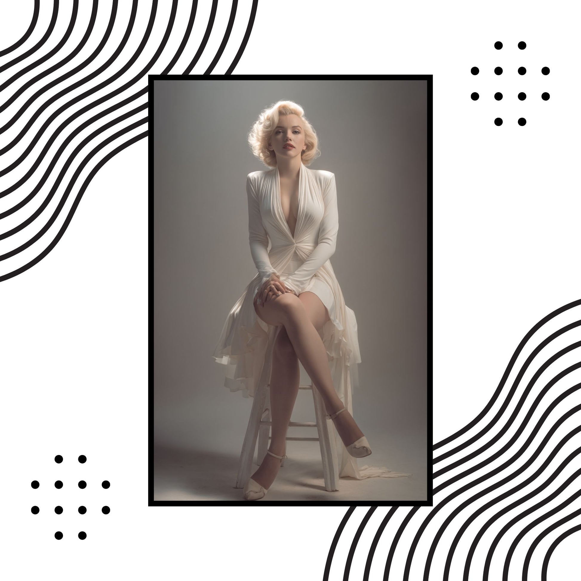 Marilyn Monroe in a white dress sitting on a stool with decorative black and white patterns around