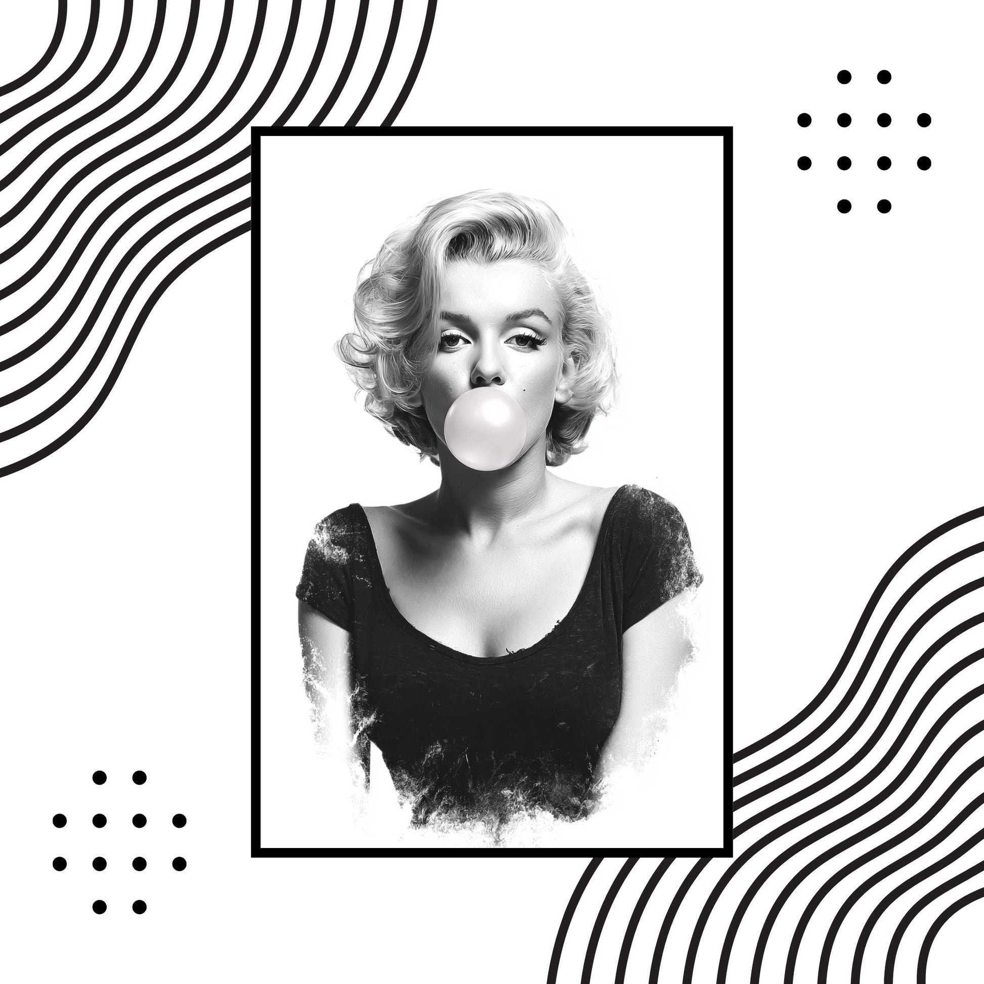 Black and white portrait of a person blowing a bubble with decorative patterns on a white background