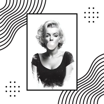 Black and white portrait of a person blowing a bubble with decorative patterns on a white background