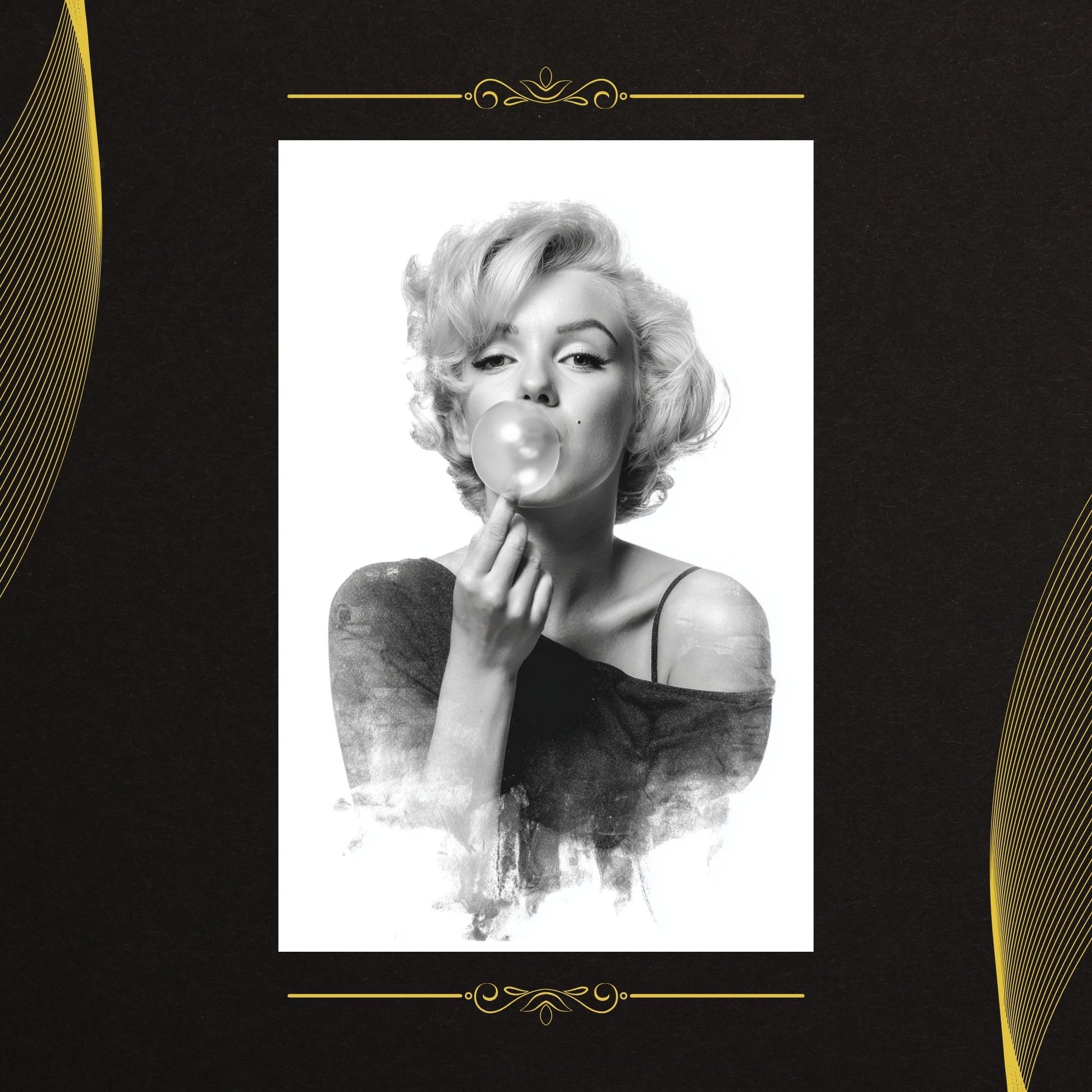 Black and white portrait of a woman blowing a bubble, framed with decorative elements on a dark background.