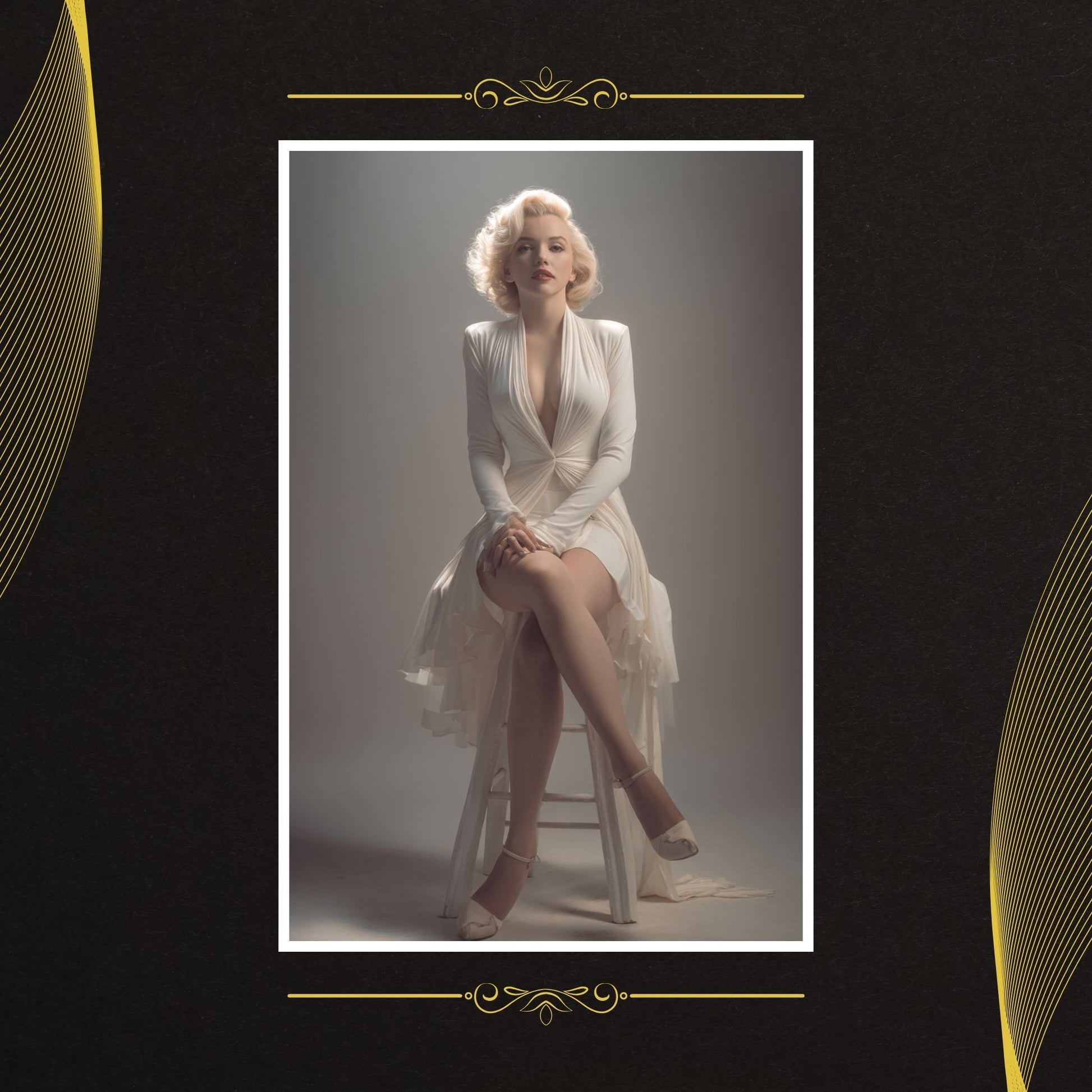 Marilyn Monroe in a white dress sitting on a stool against a gray background