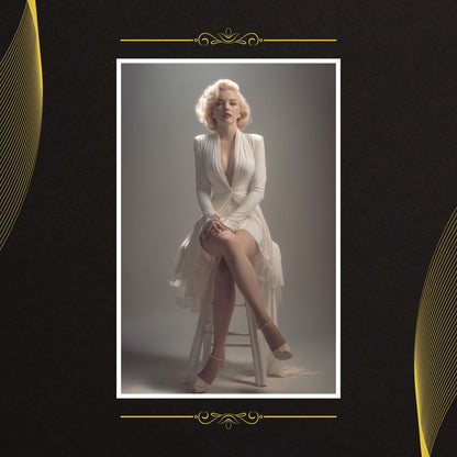Marilyn Monroe in a white dress sitting on a stool against a gray background
