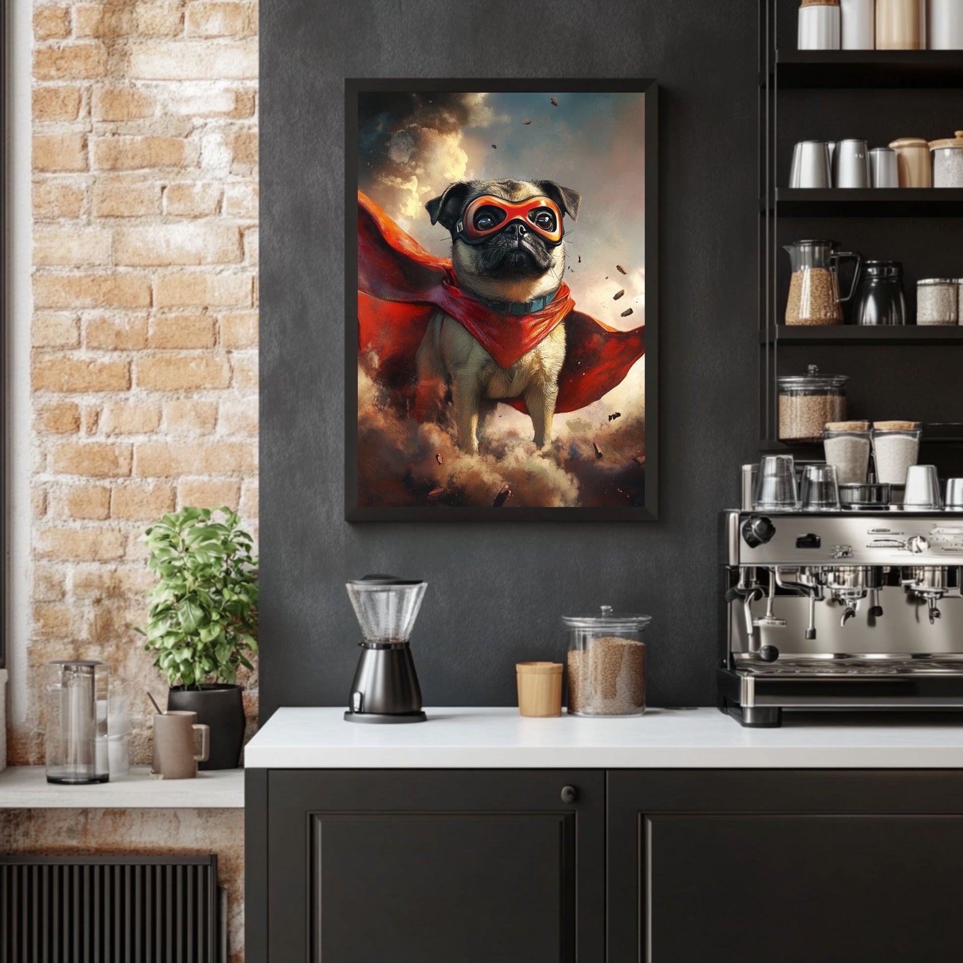 Digital pug print showing a pug hero soaring through the sky