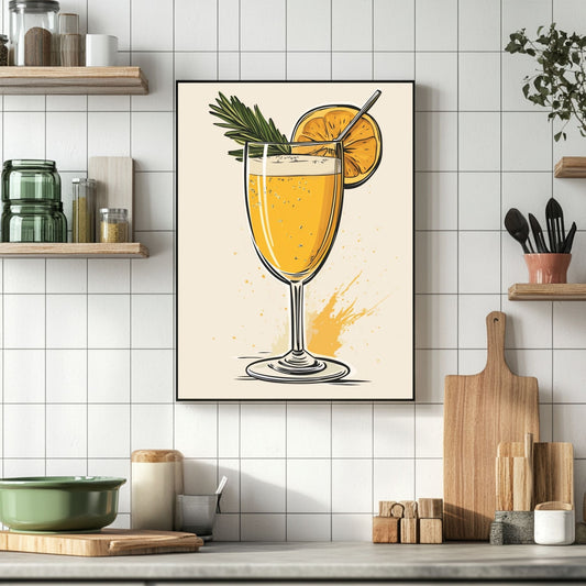 Mimosa cocktail art featuring an orange slice and mint garnish