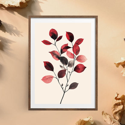 Minimalist botanical artwork featuring elegant red leaves, perfect for modern wall decor