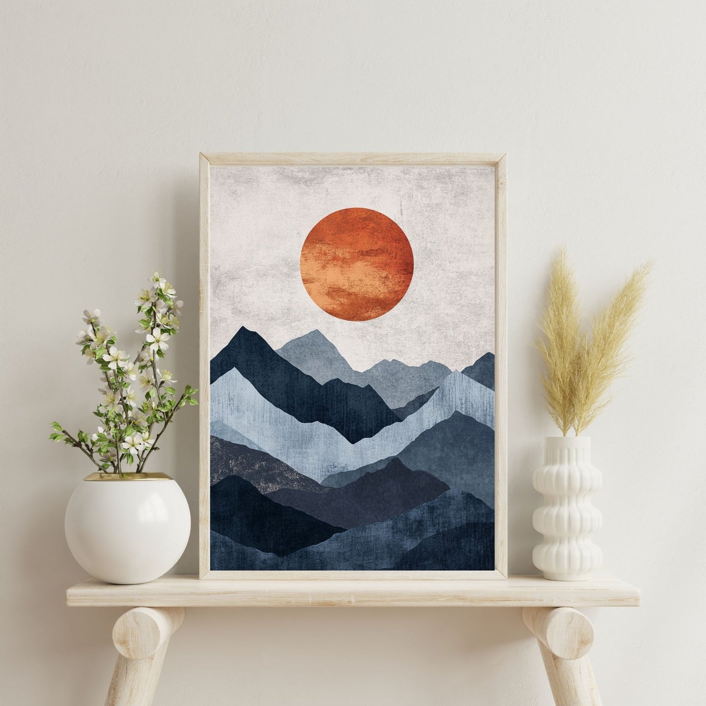 Elegant Japandi style artwork of mountains and sun for tranquil interiors