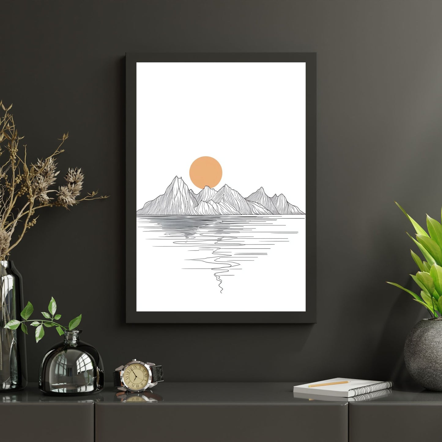 Simple and bold line drawing of a mountain range