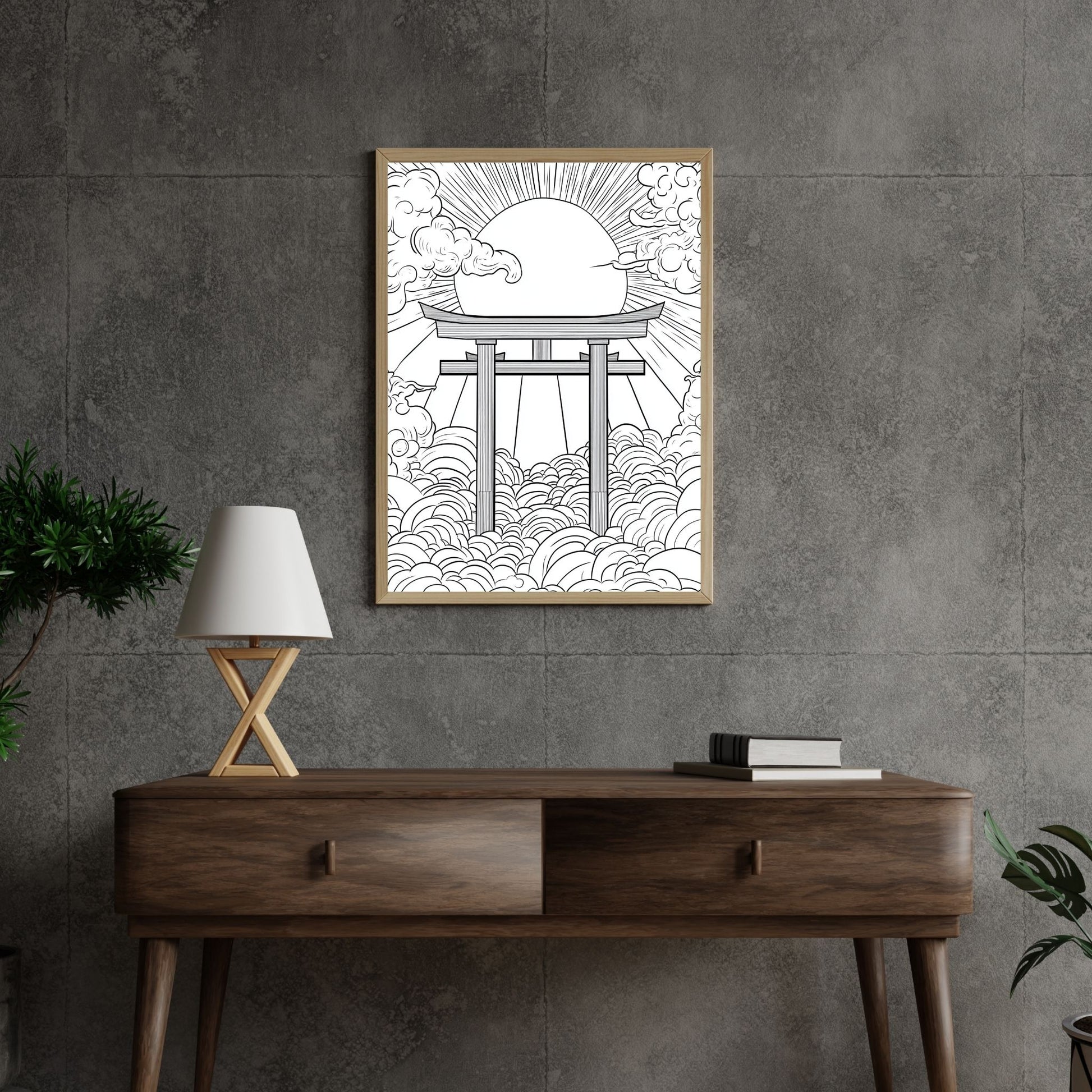 Simple line drawing of a Torii gate, perfect for Japanese-inspired home décor.