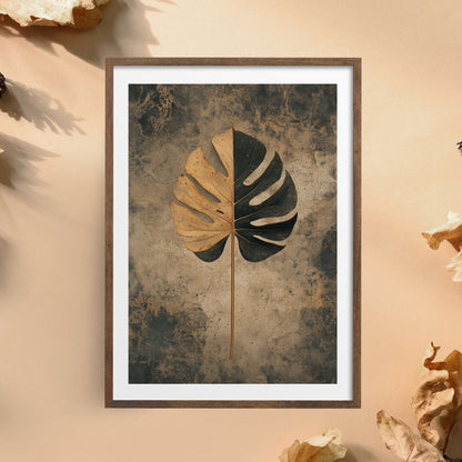 Minimalist Monstera leaf botanical artwork with rustic earthy tones for wall decor