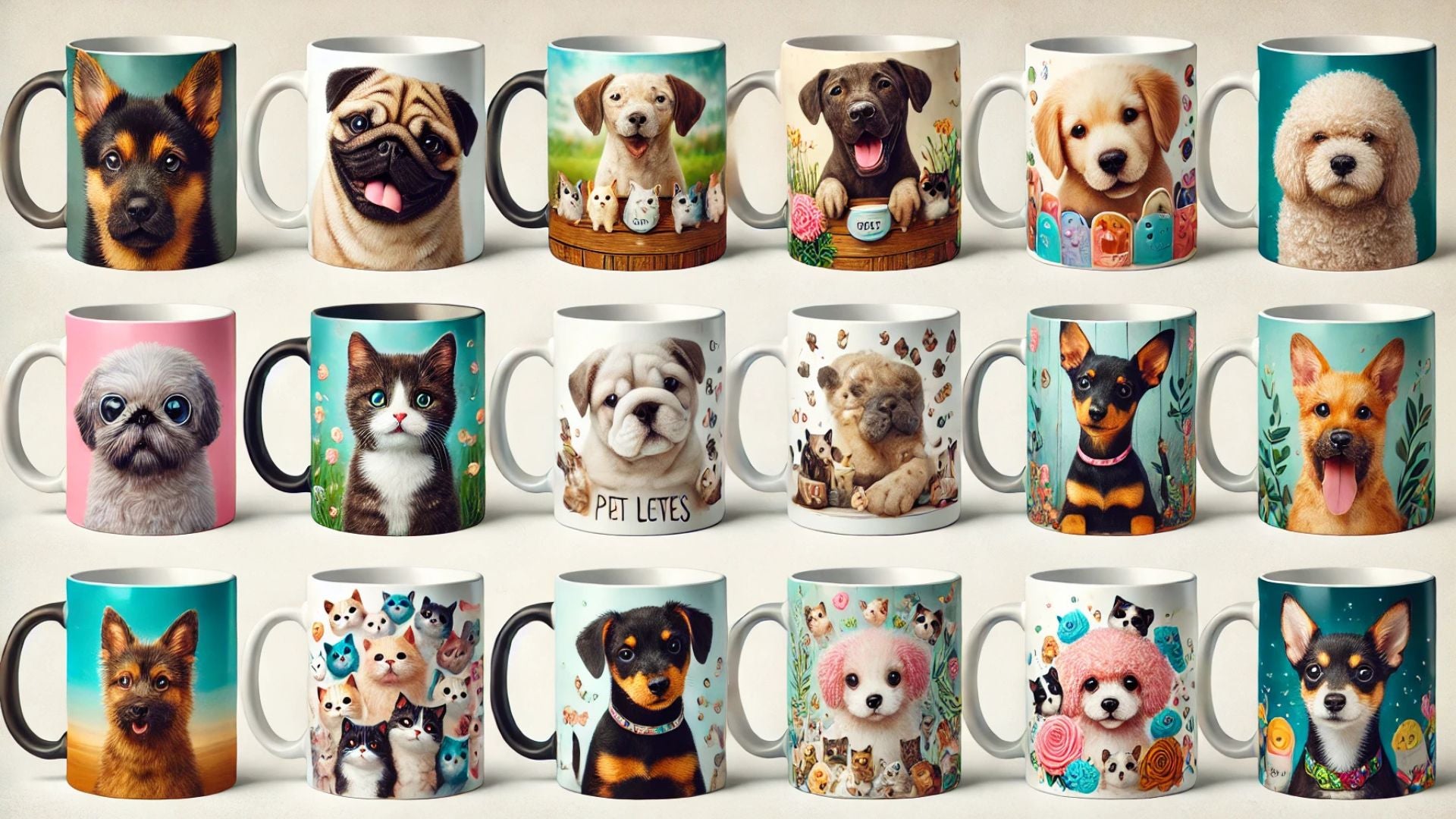 selection of mugs with various pet-themed designs.