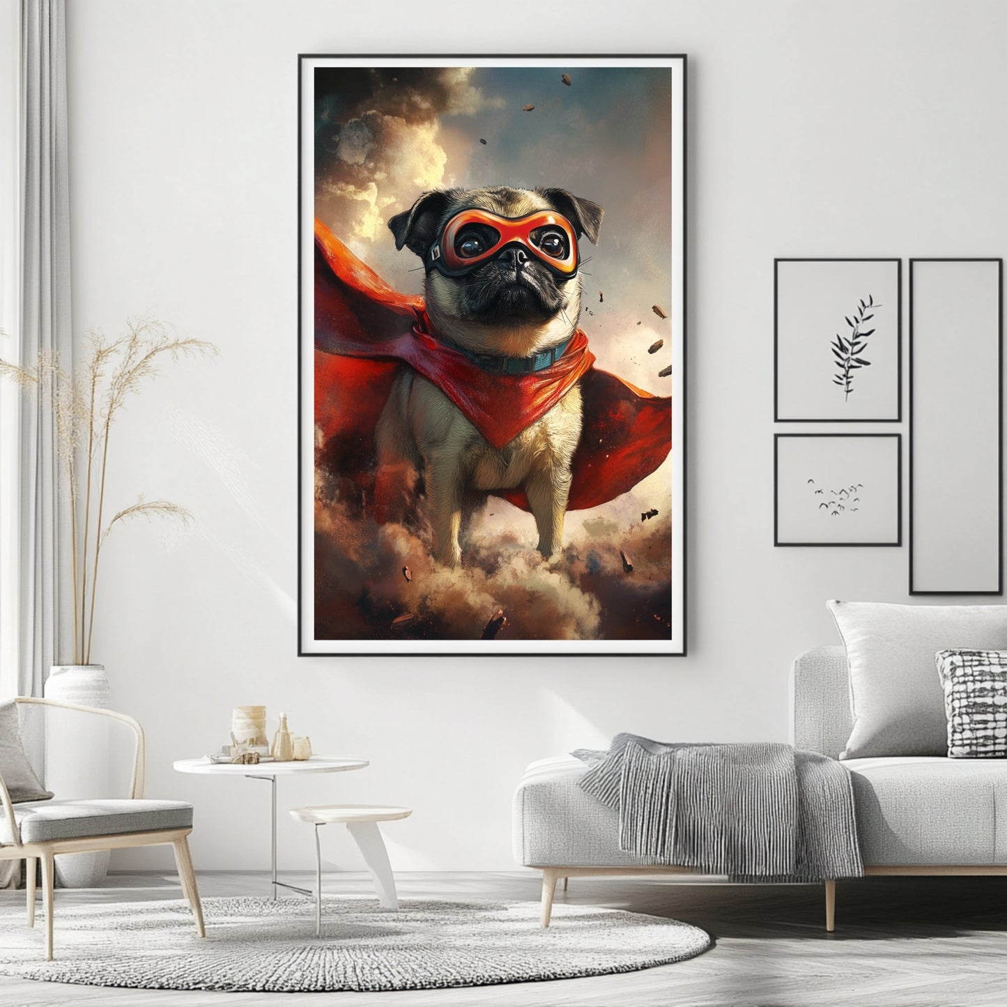 Custom pug art featuring a pug dressed as a superhero in action