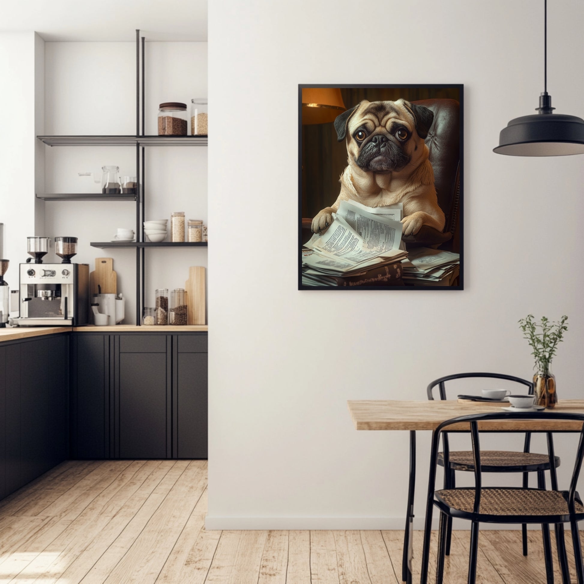 Pug art poster featuring a serious pug looking through papers