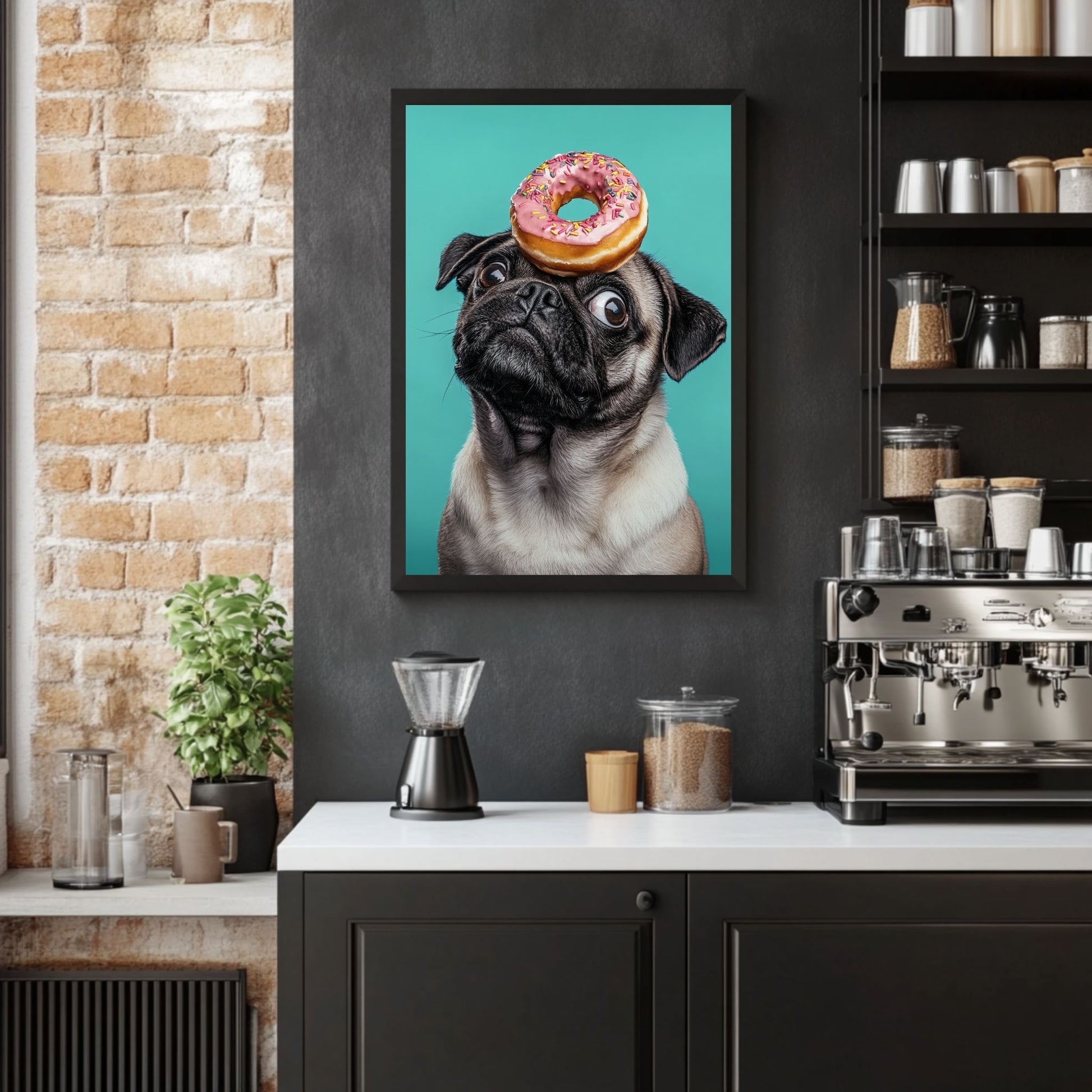 Custom pug art with a pug dog and colorful donut on its head