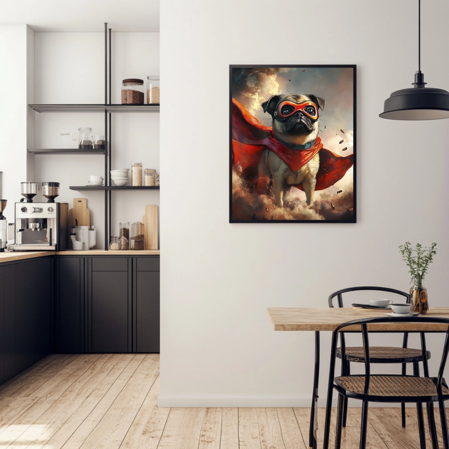 Pug art poster featuring a heroic pug dog in a cape and goggles