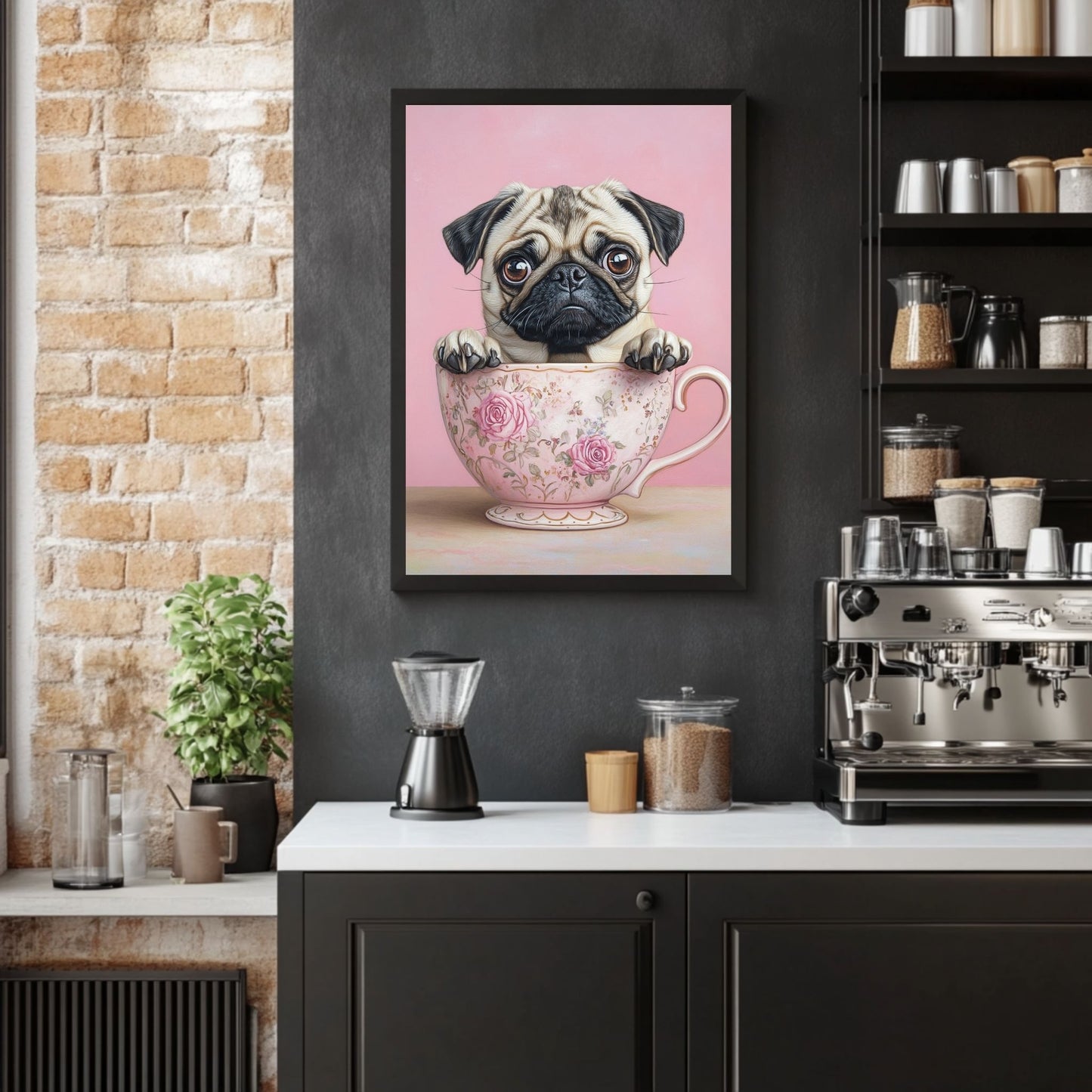 Funny pug art print with a pug in a tea cup, perfect for pug lovers