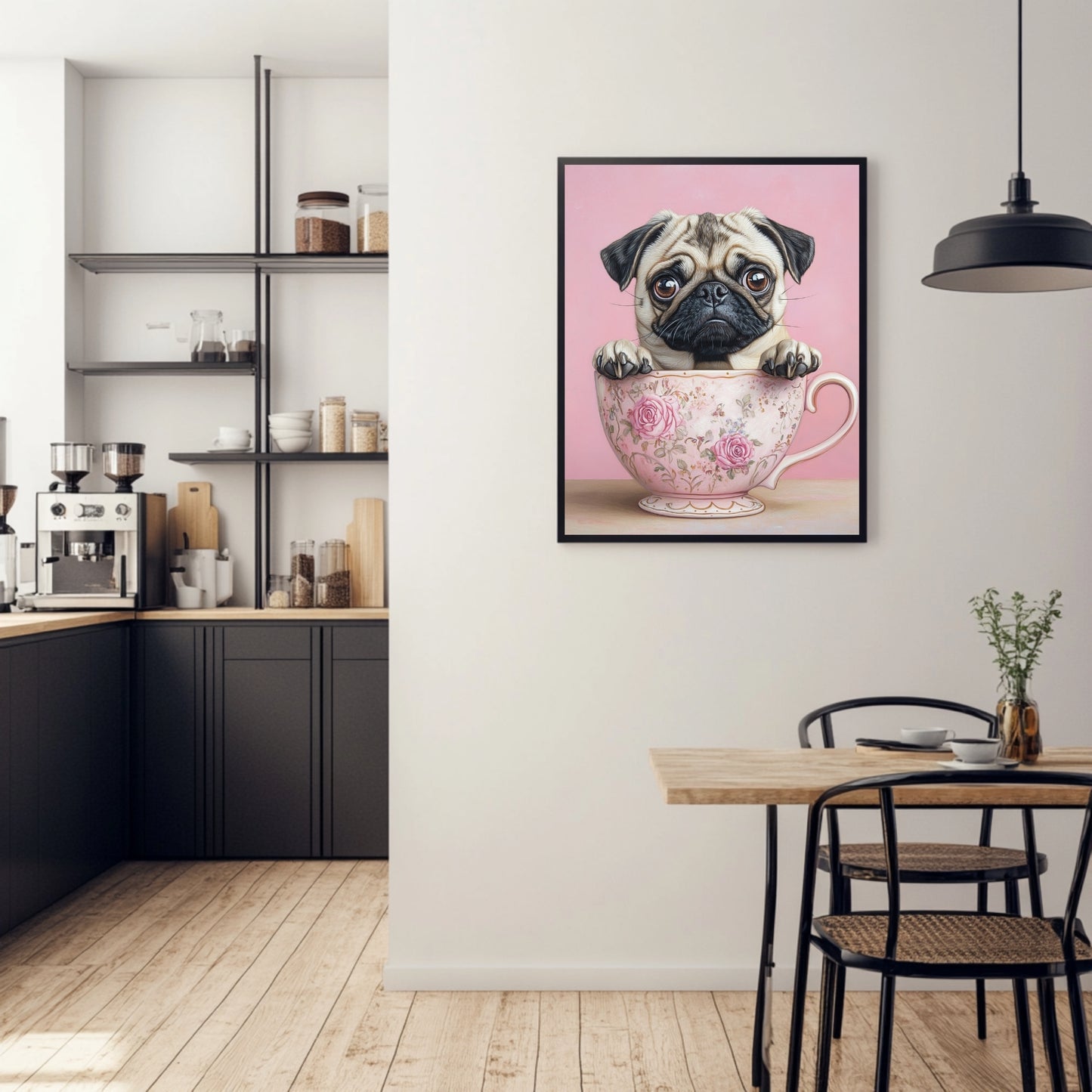 Custom pug art featuring an adorable pug in a tea cup with roses