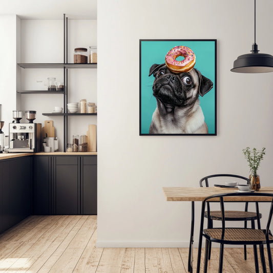 Funny pug art print of a pug dog with a donut on its head