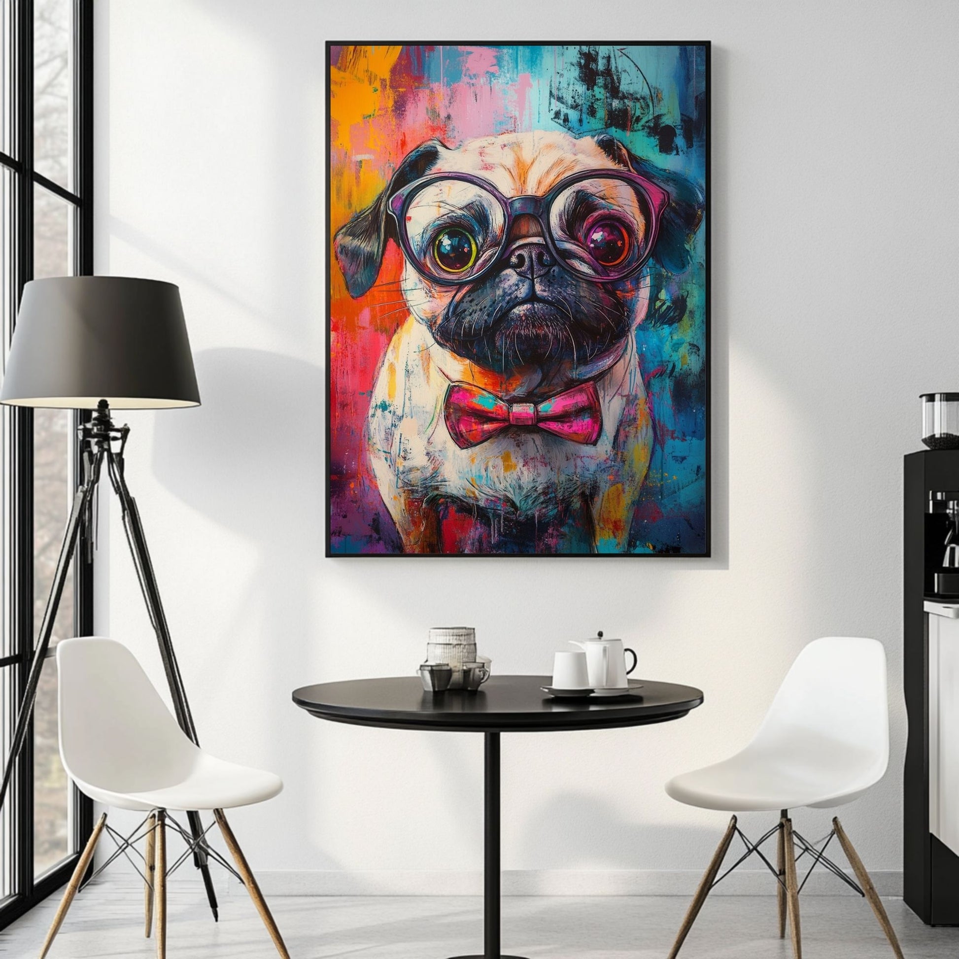 Digital pug print showing a fashionable pug dog with a bowtie and vibrant colors