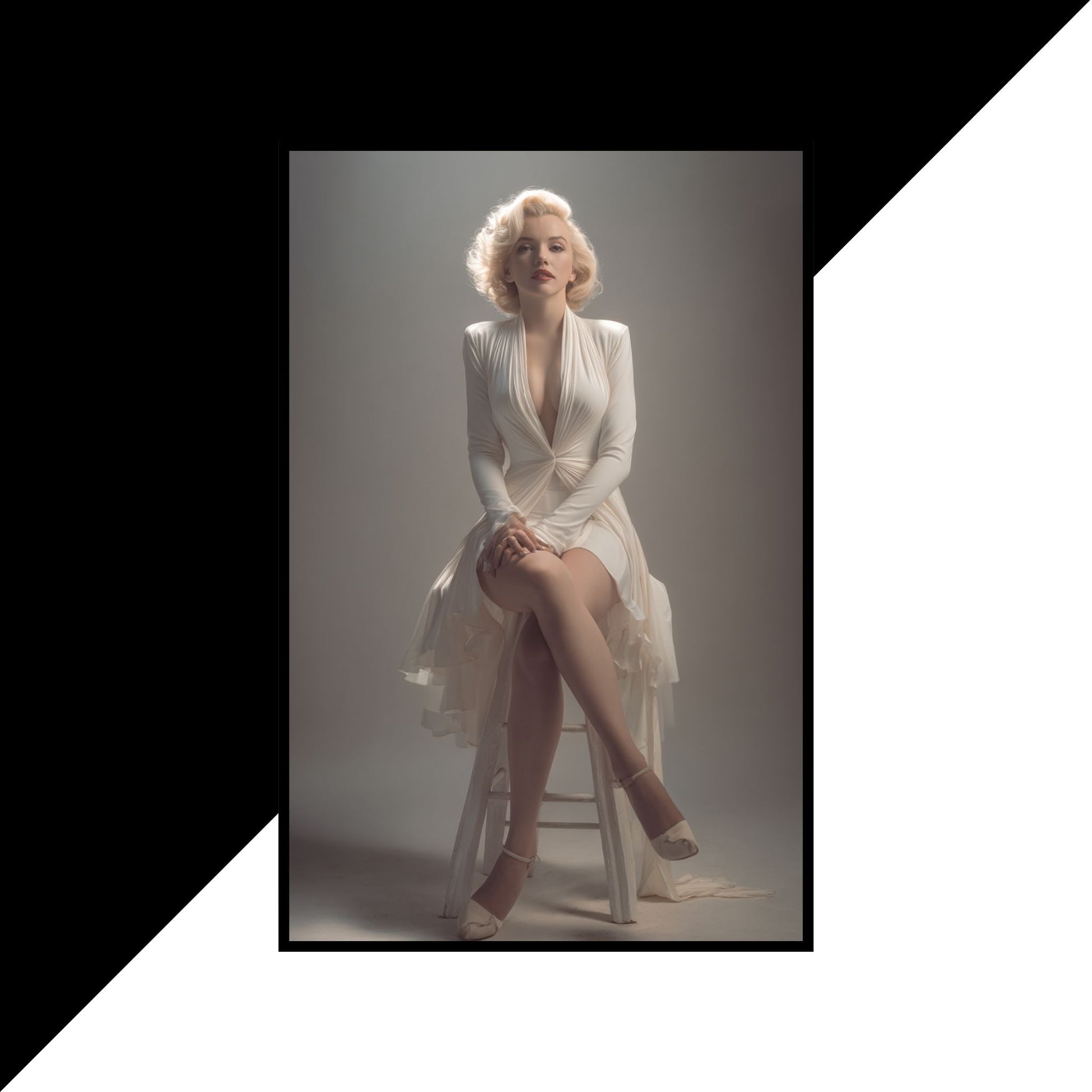 Marilyn Monroe in a white dress sitting on a stool against a neutral background