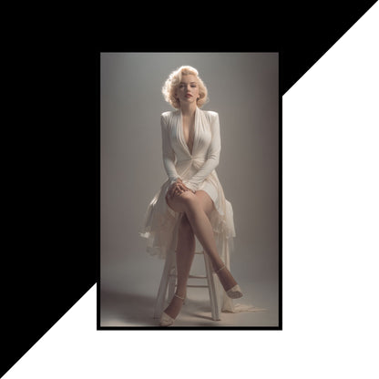 Marilyn Monroe in a white dress sitting on a stool against a neutral background