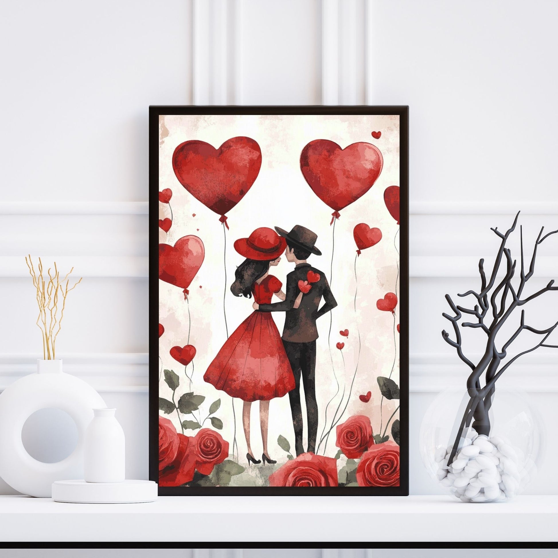 Couple in love surrounded by red heart balloons and roses, perfect for Valentine’s Day decor