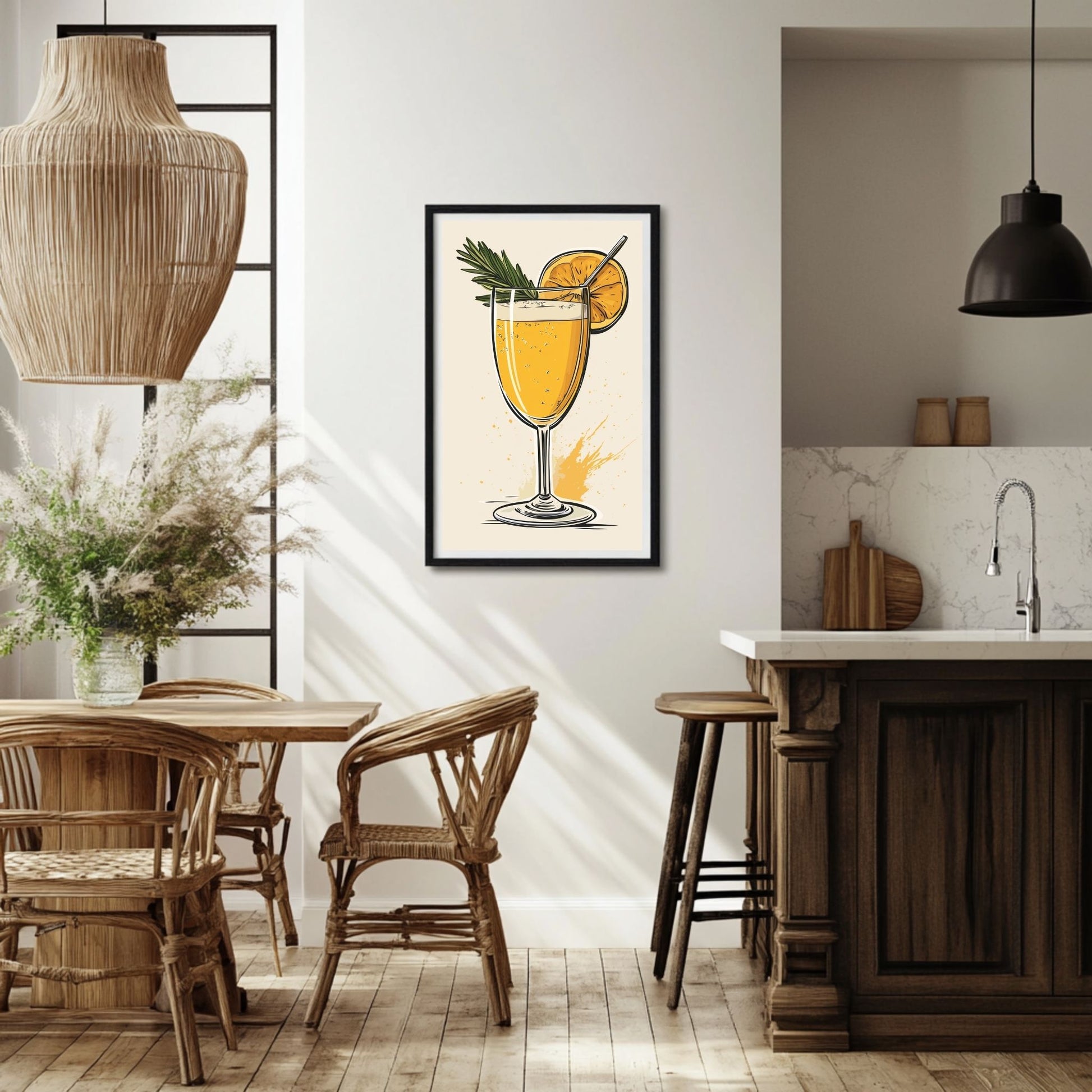 Tall mimosa glass with citrus splash in a vibrant setting