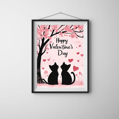 Celebrate Valentine’s Day with this charming cat couple under a tree, surrounded by hearts