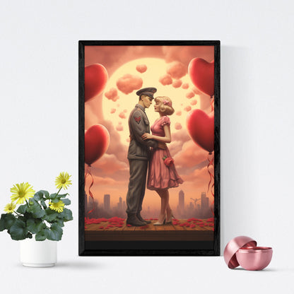 Celebrate love with this vintage-style couple Valentine’s art featuring roses and heart balloons.