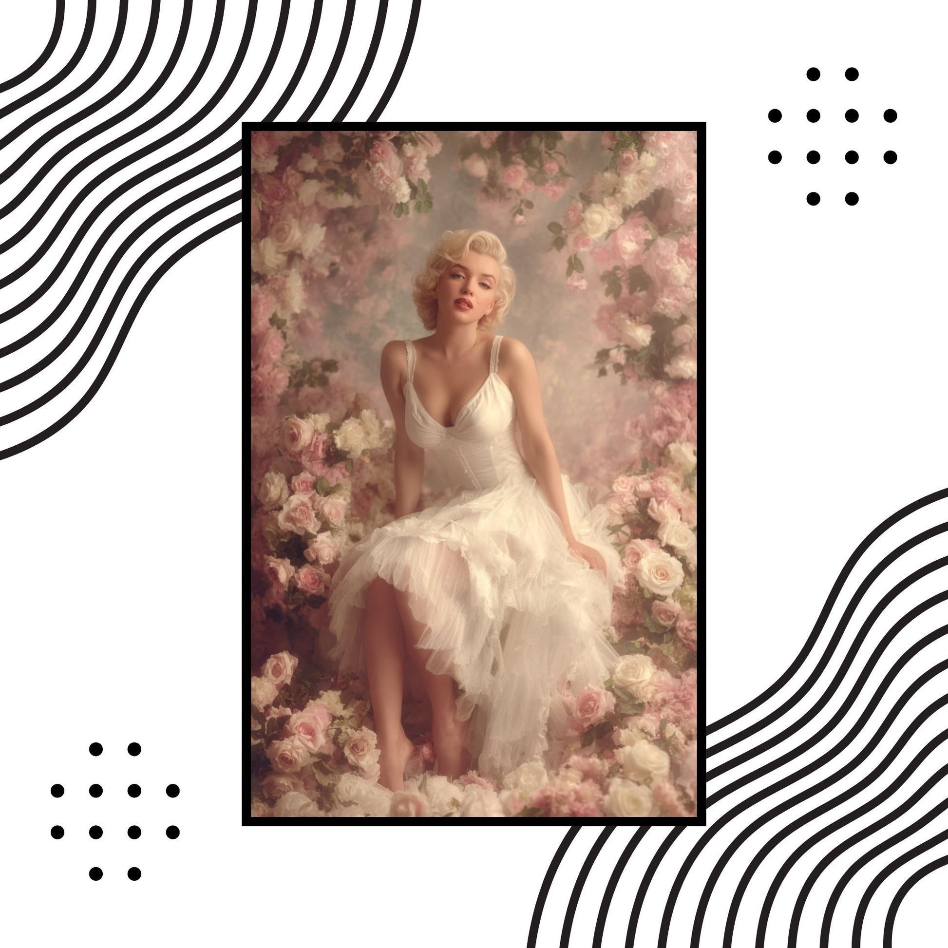 Marilyn Monroe in a white dress surrounded by flowers with decorative black and white patterns.