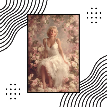 Marilyn Monroe in a white dress surrounded by flowers with decorative black and white patterns.