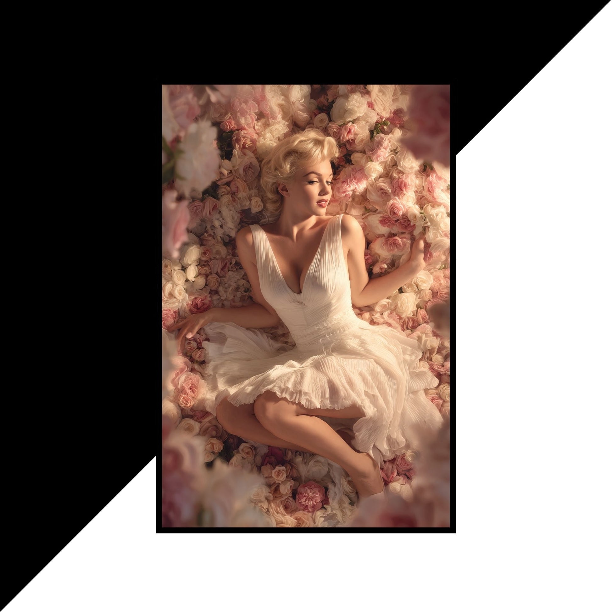 Marilyn Monroe in a white dress lying among flowers