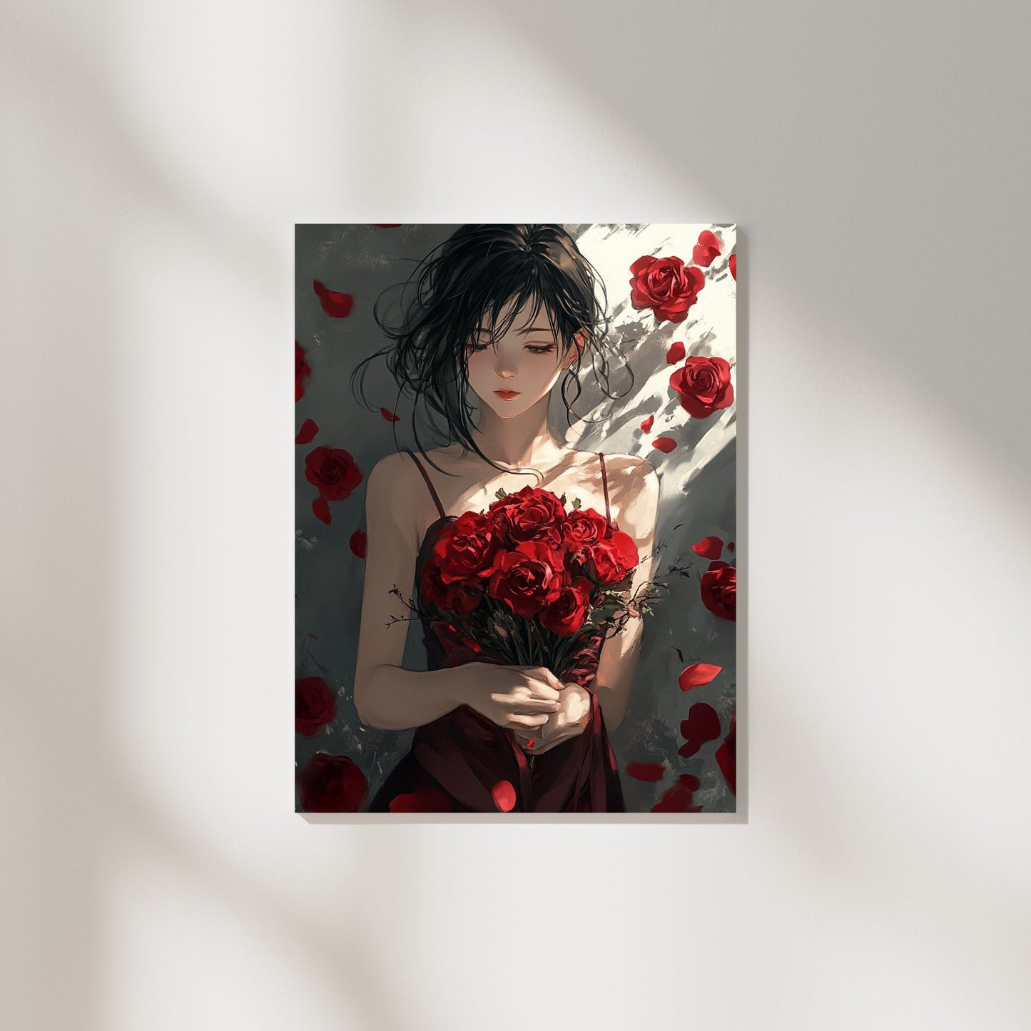 Stunning Valentine’s Day art of a woman holding a bouquet of roses, perfect for your home decor