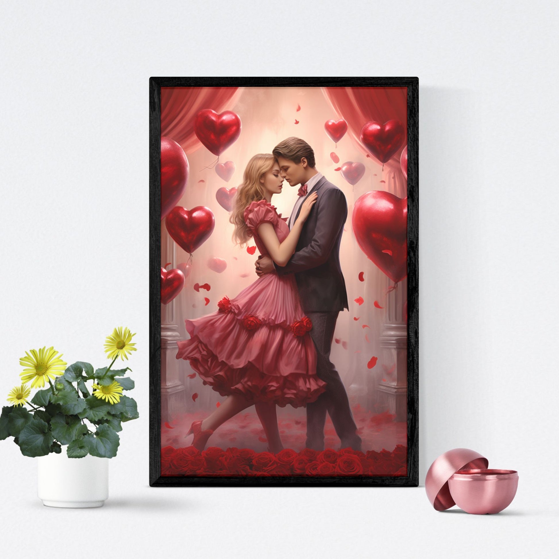 Valentine’s Day art featuring a romantic couple, red heart balloons, and rose petals