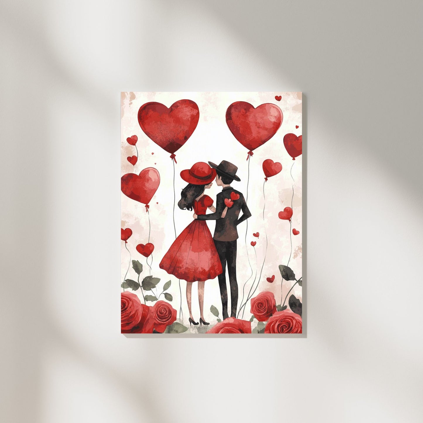 Celebrate love with this romantic art featuring a couple embracing under floating heart balloons