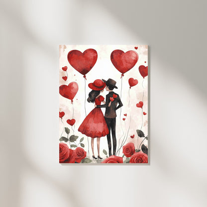 Celebrate love with this romantic art featuring a couple embracing under floating heart balloons