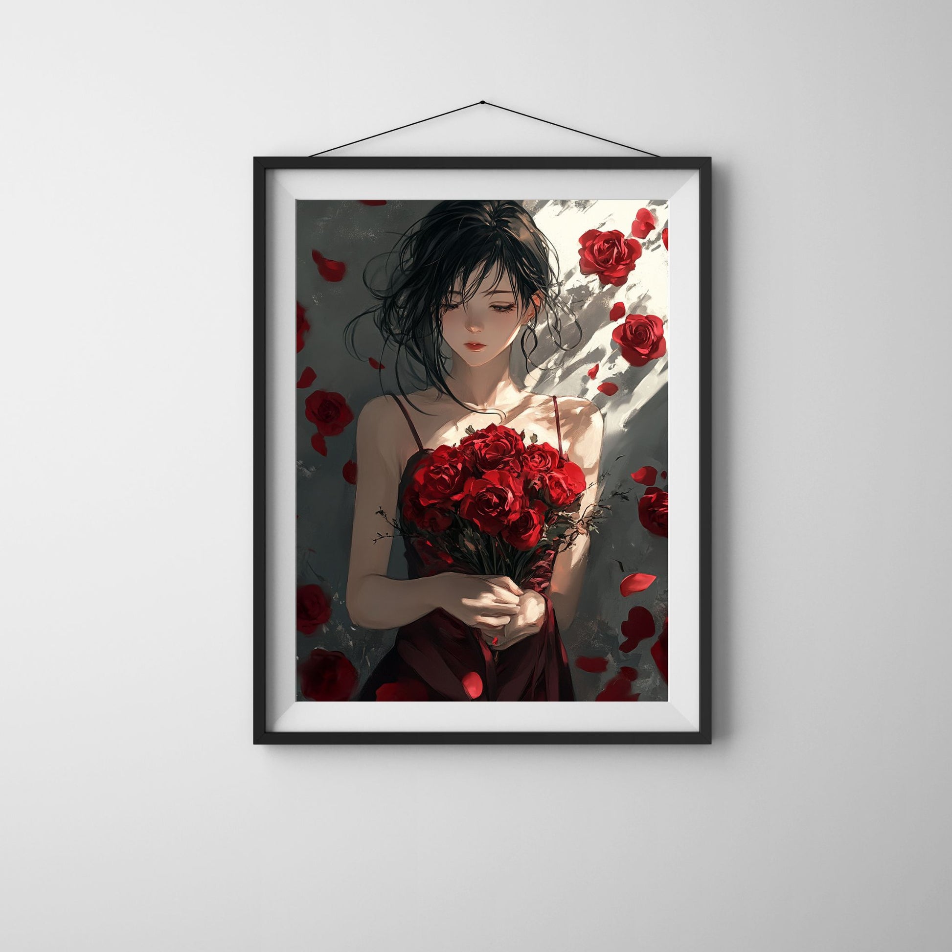 Celebrate Valentine's Day with this elegant art of a woman holding roses surrounded by rose petals