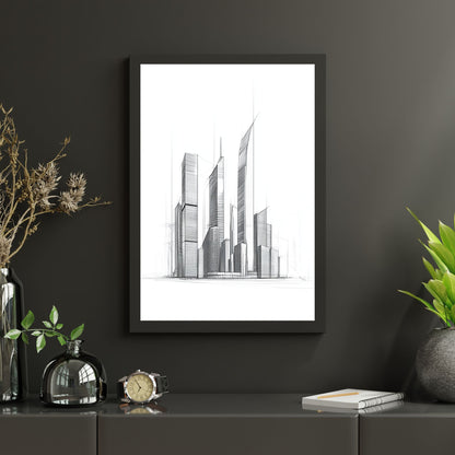 Timeless city silhouette in minimalist line art style.