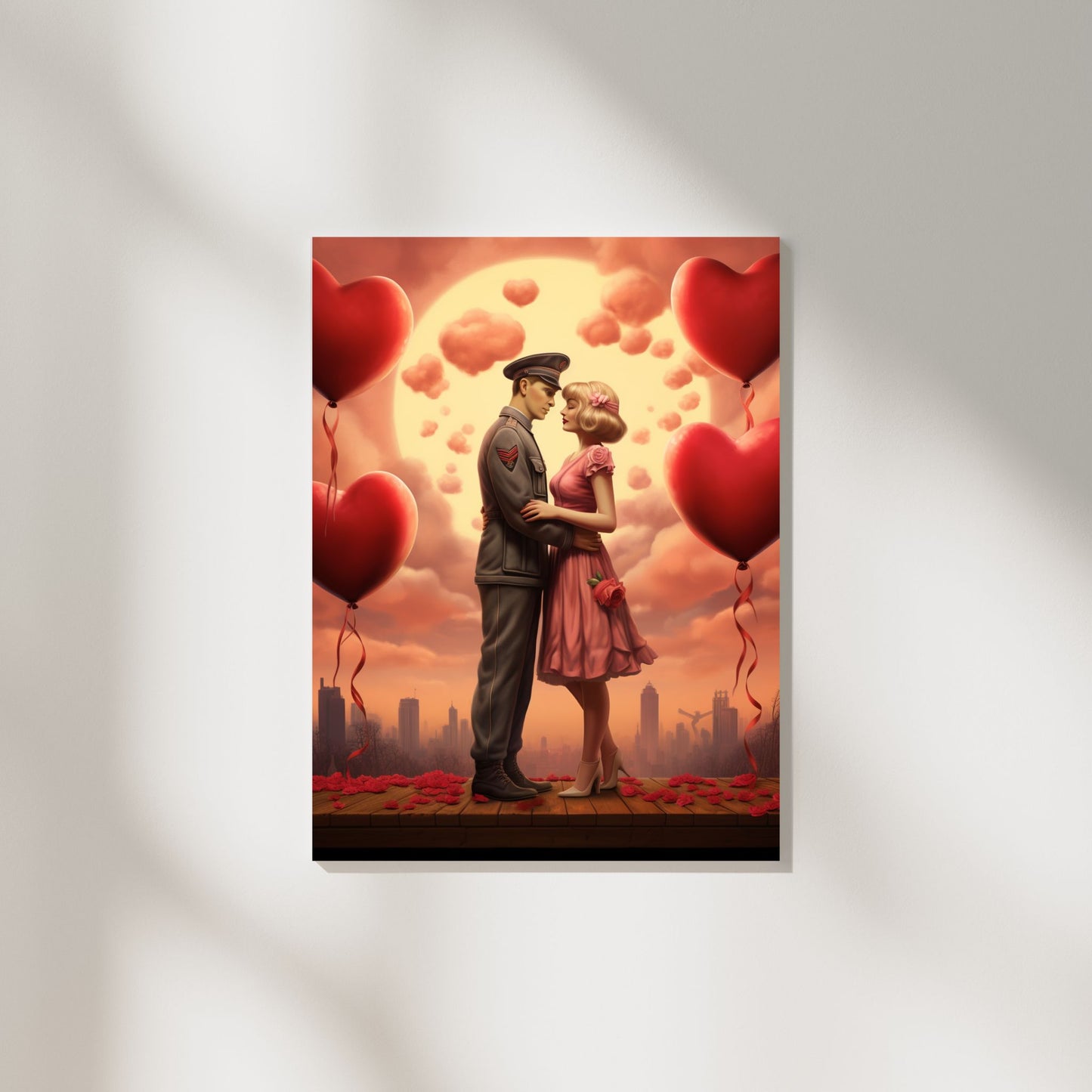 "Valentine’s Day art showing a soldier and a romantic woman surrounded by heart-shaped balloons