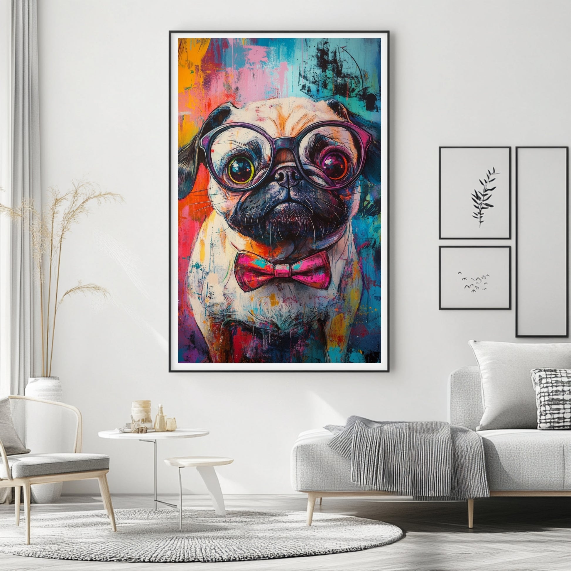 Pug art poster with a trendy pug wearing glasses and a bright, colorful design